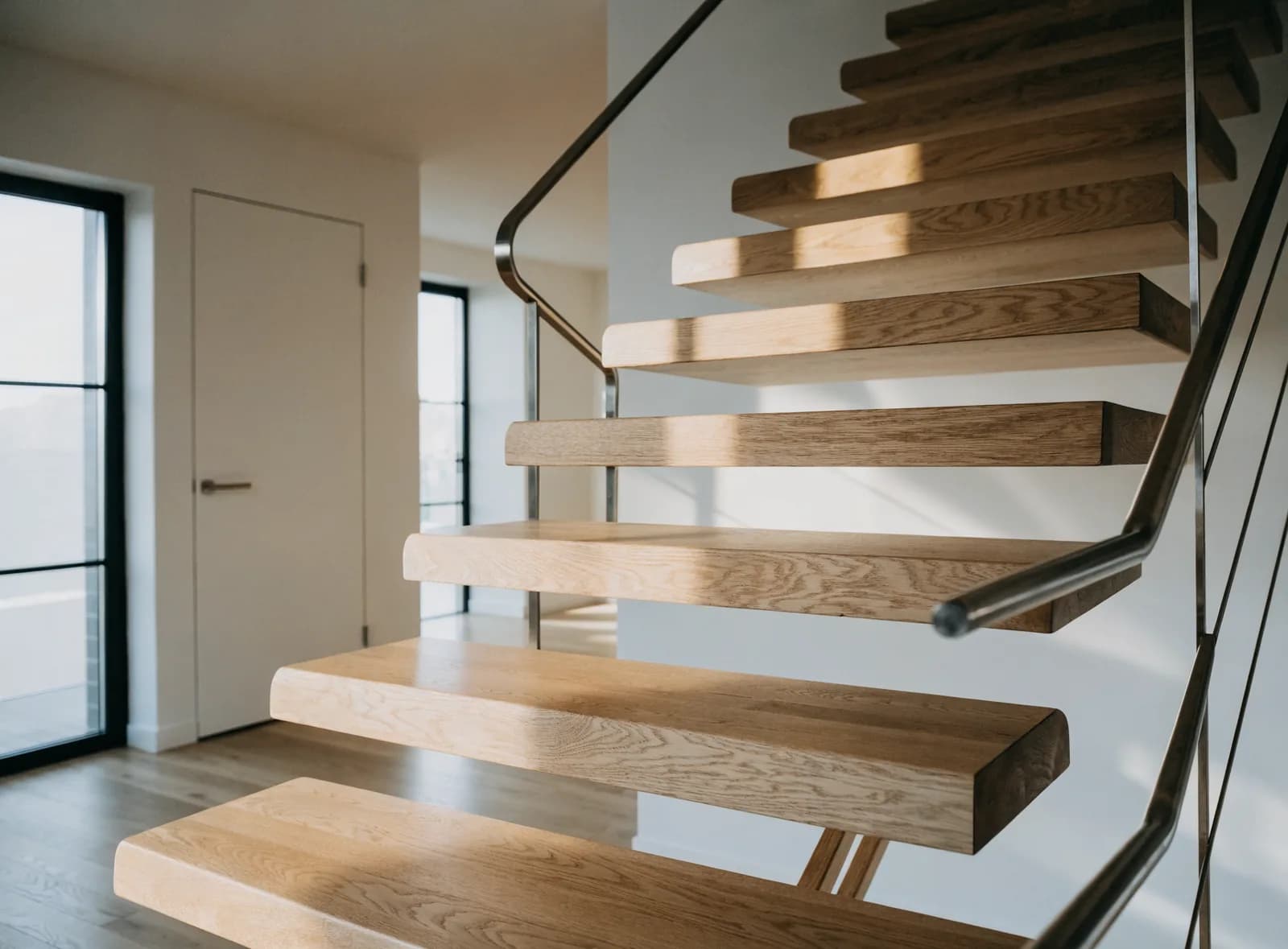 Moderne freitragende Holztreppe mit schlankem Geländer